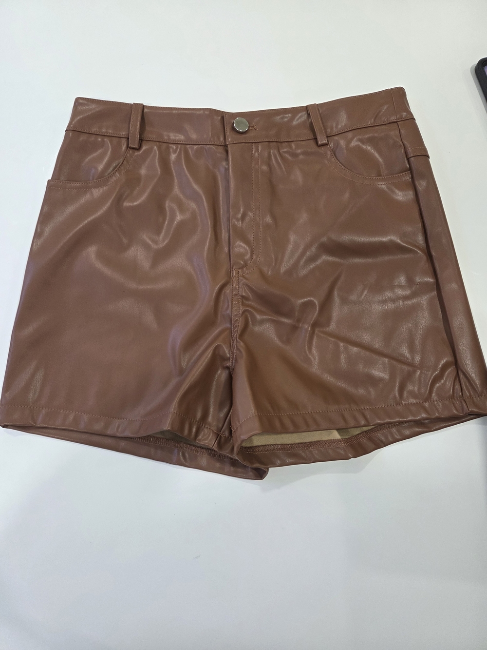 Women's Faux Leather Flat Front Shorts in Brown
